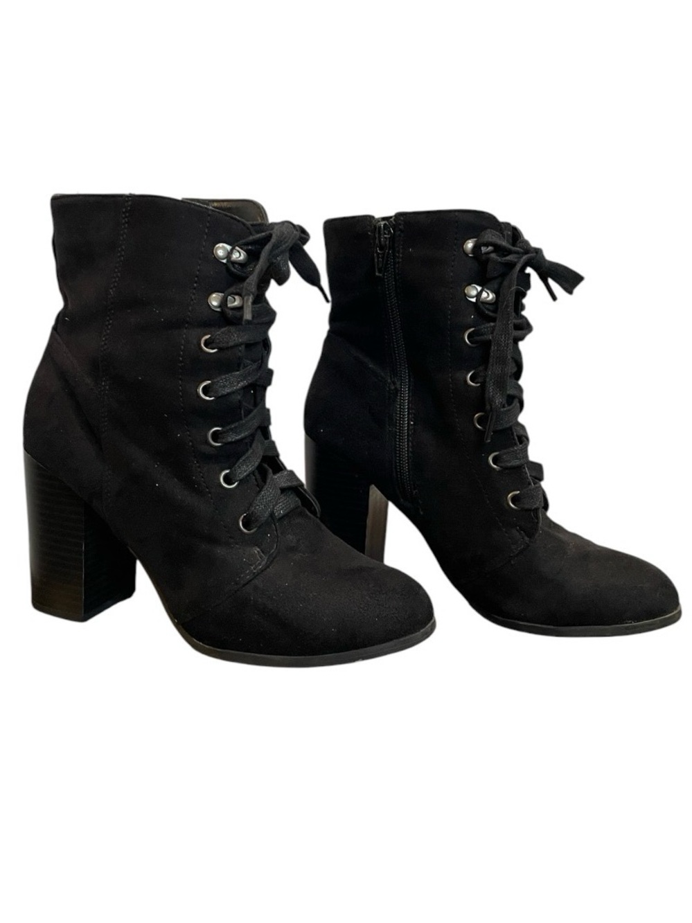 Black Lace-Up Block Heel Boots